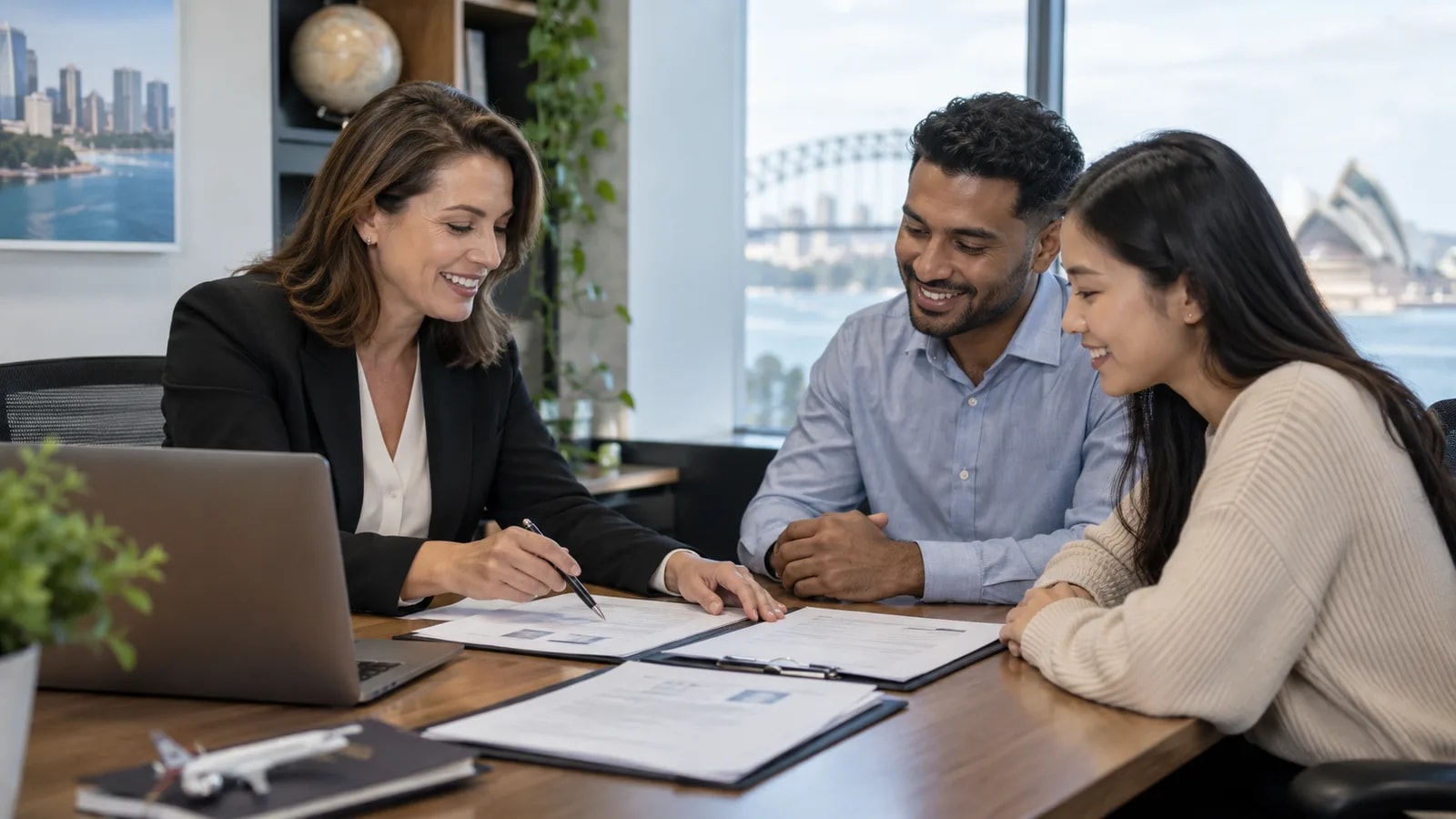 A migration agent walking a couple through paperwork in a Sydney office