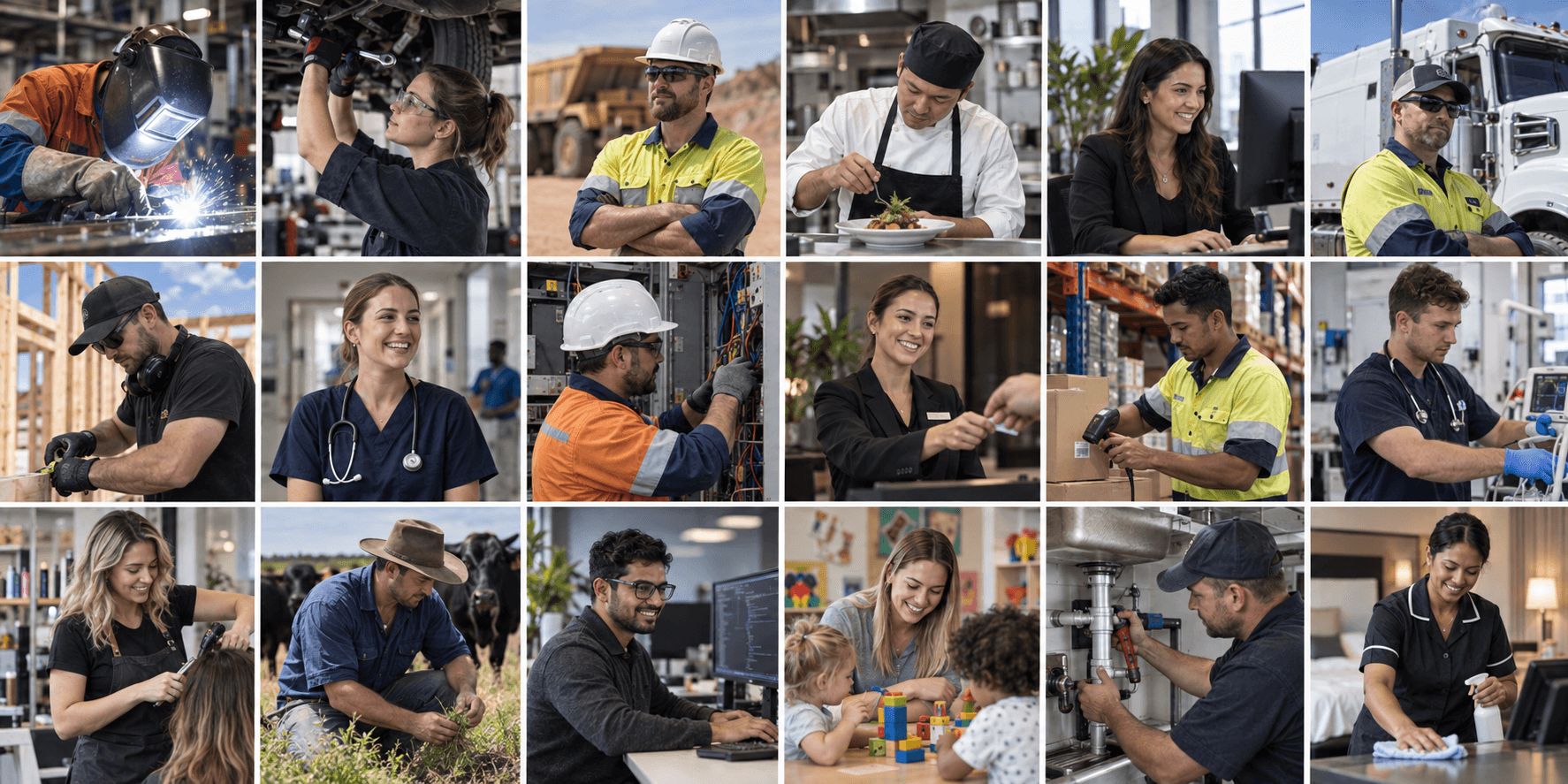 A grid of photographs of Australian workers across many industries at work