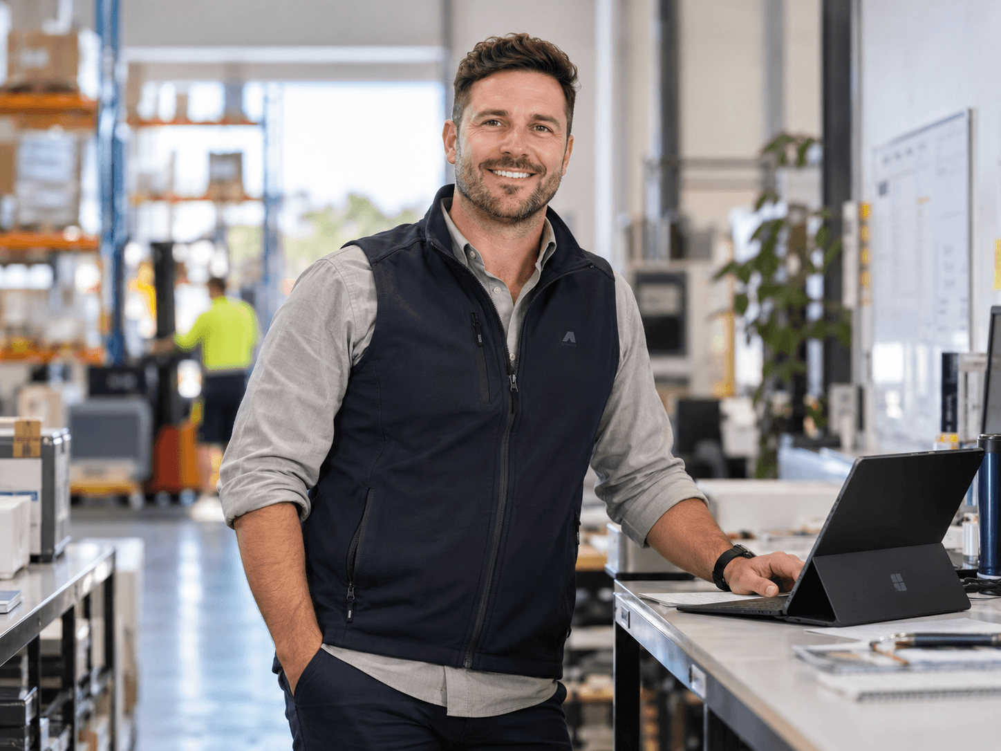 A smiling man in a navy vest leaning on a warehouse workbench beside a tablet, with a forklift operator in high-visibility workwear behind him