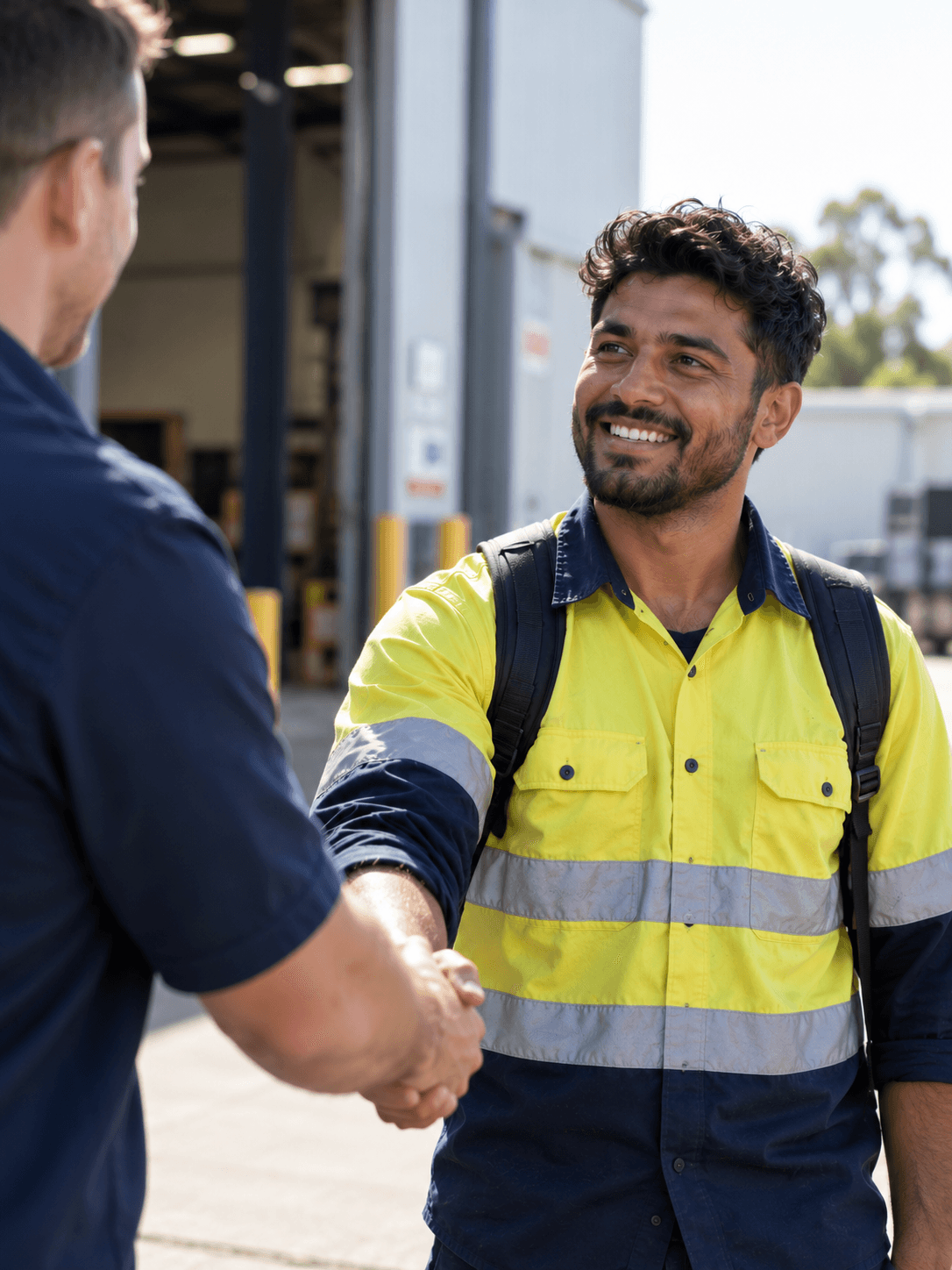 A smiling worker in a high-visibility shirt with a backpack shaking hands with a man outside a warehouse