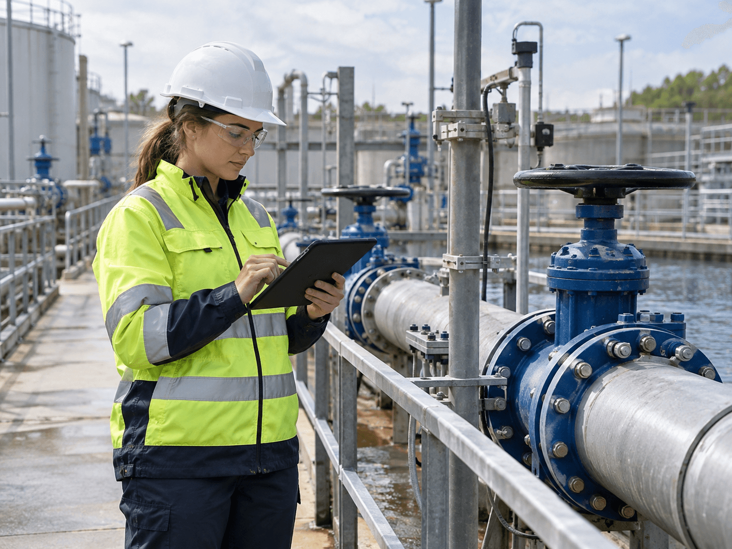 A utilities worker in high-visibility workwear recording readings on a tablet beside treatment-plant pipework